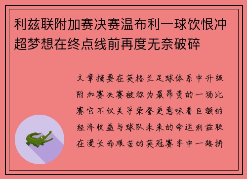 利兹联附加赛决赛温布利一球饮恨冲超梦想在终点线前再度无奈破碎